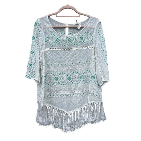 Floreat Anthropologie Cotton White Green Embroidered Fringe Tunic Blouse size 10 - Picture 6 of 9